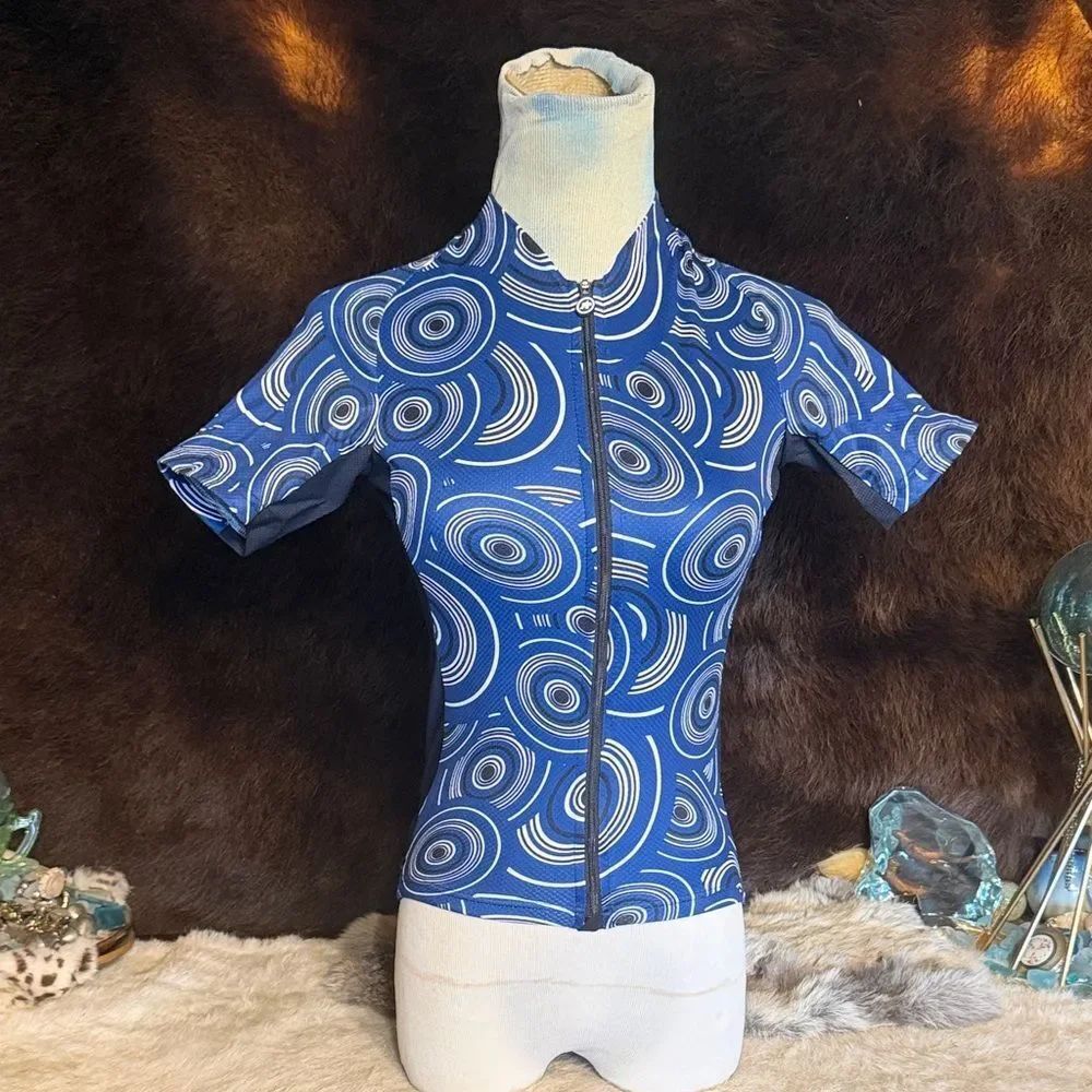Blue and White Swirl Pattern Zip-Up cycling Top XS (6021)